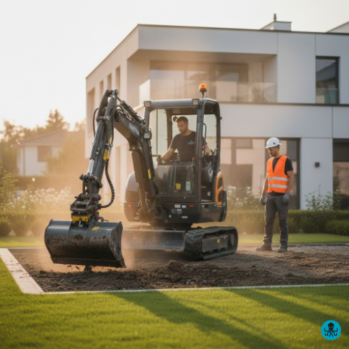 Baggerarbeiten und Erdbau für Garten und Fundament mit modernem Minibagger.