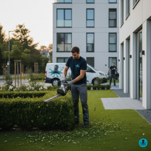 Professionelle Gartenpflege und Rasenmähen durch OBJEKTRA Mitarbeiter.